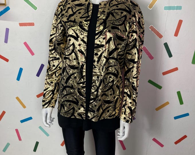 1980 true vintage gold lame black velvet jacket size 12