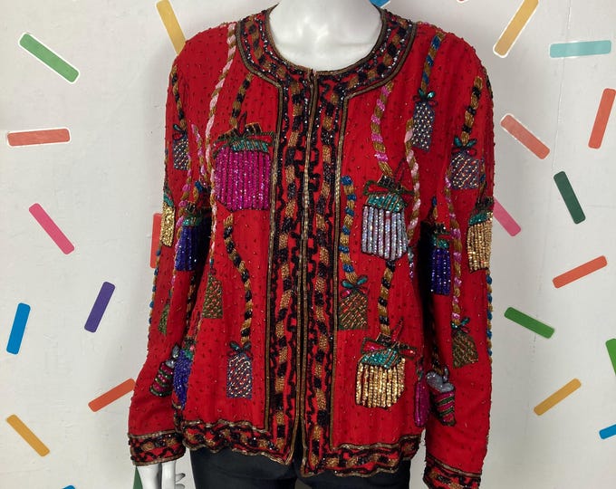 True vintage red sequin / bead present design party jacket size 12/14