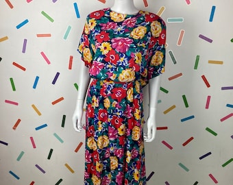 1980s vintage floral 2 piece top and skirt (with pockets) set - size 12 /14