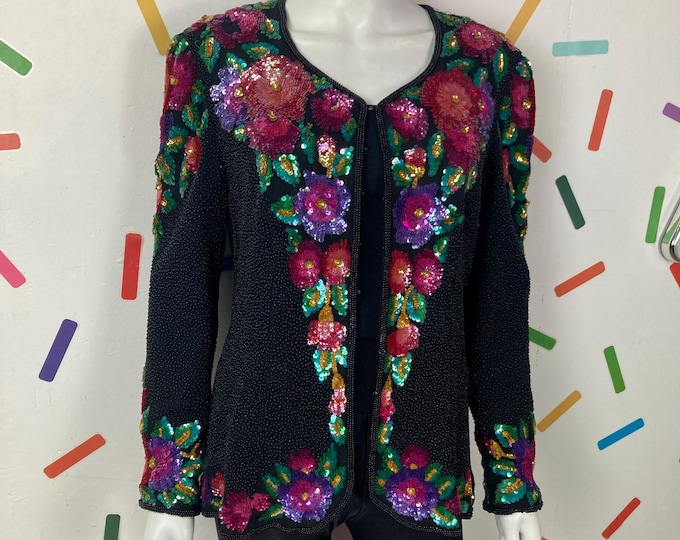 SALE - 1980s true vintage black / pick floral sequin fitted jacket Size 12