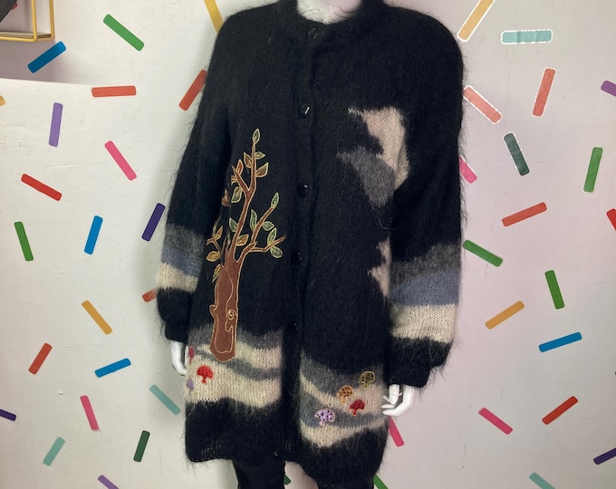 1980s true vintage hand knitted tree design coatigan / cardigan size up to 16