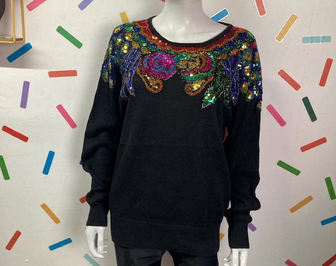 True vintage black batwing Flower Sequin Jumper Size 12/14
