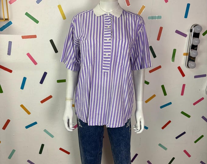 1980s true vintage lilac / white stripe short sleeve top size 14/16