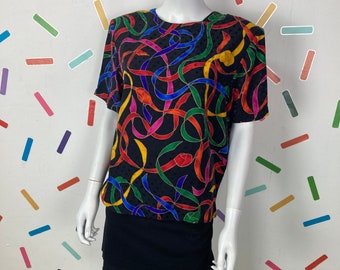 1980s true vintage ribbon design rainbow colour black short sleeve top Size 10/12