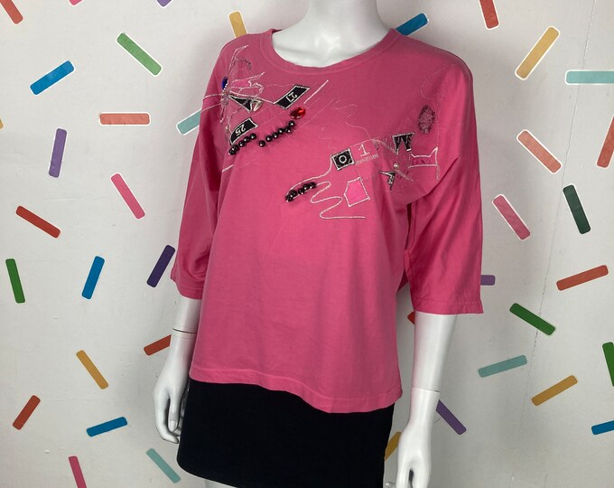 1980s True vintage pink applique bead design t shirt  Size 10/12