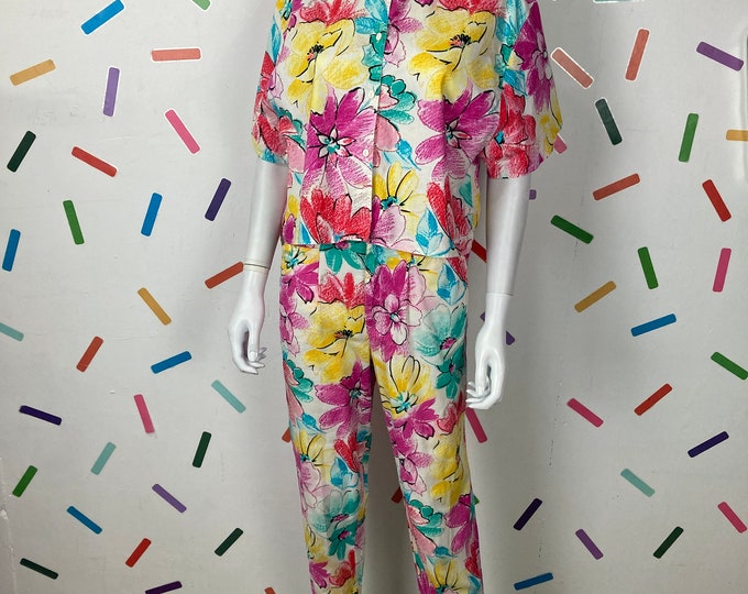 1980s true vintage floral design 2 piece set - trousers / top Size 10/12