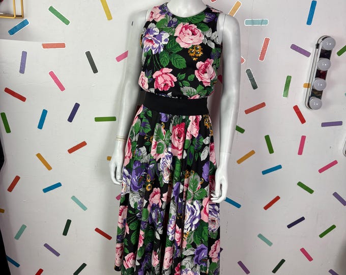 1980s does 1950s: Vintage floral  summer dress multi colour size 10/12