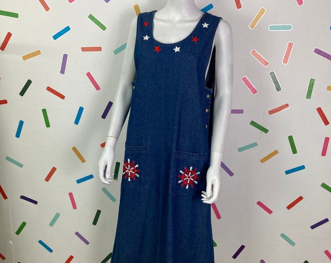 1980s/90s true vintage  denim pinafore maxi dress with nautical details size 8-12