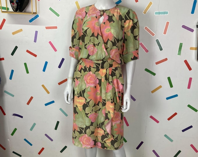 1980s true vintage peach floral midi dress Size 16/18