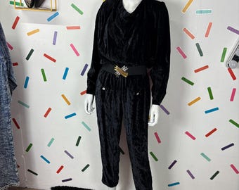 Combi-pantalon vintage en velours noir des années 1980 avec strass, taille 12/14