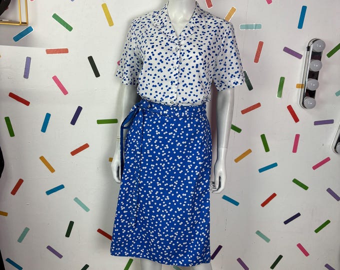 1980s true vintage 2 piece set top / skirt blue white size 12