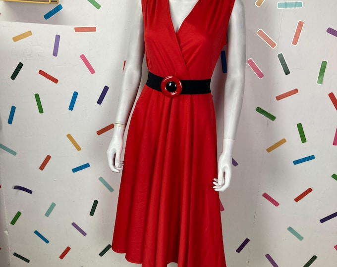 1980s true vintage bright red wrap front dress Size 16/18