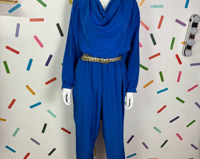 1980s true vintage bright blue cowl neck jumpsuit size 12/14