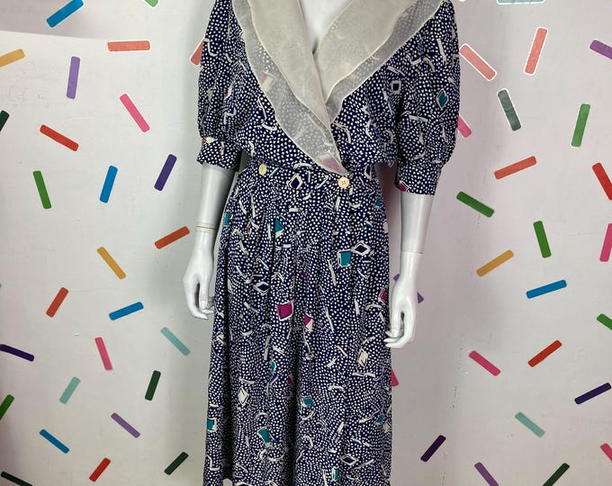 1980s vintage geo design blue dress with collar detail size 10/12