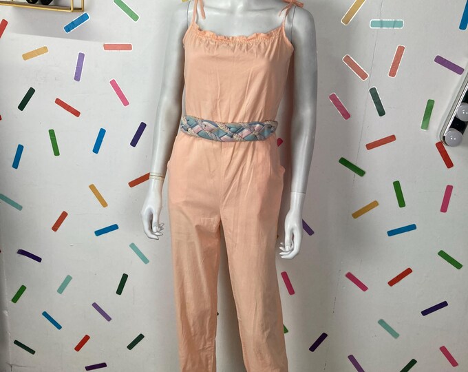 1980s true vintage peach cotton jumpsuit tie straps - size 10/12
