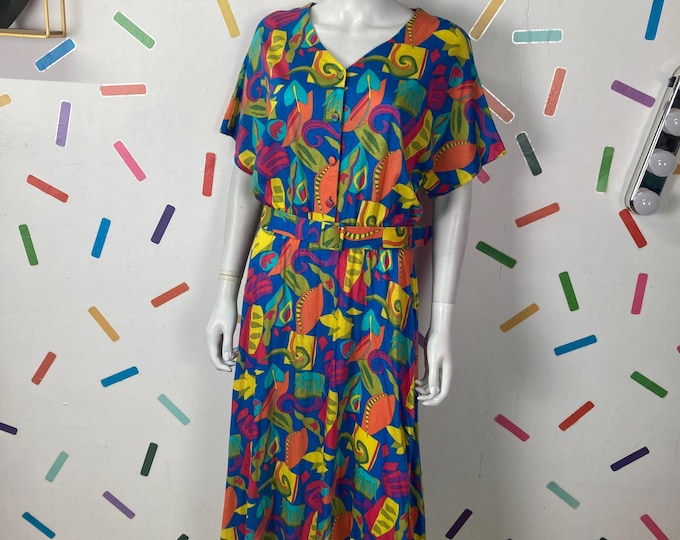 1980s true vintage abstract design pink / blue / yellow  midi dress Size 12-16
