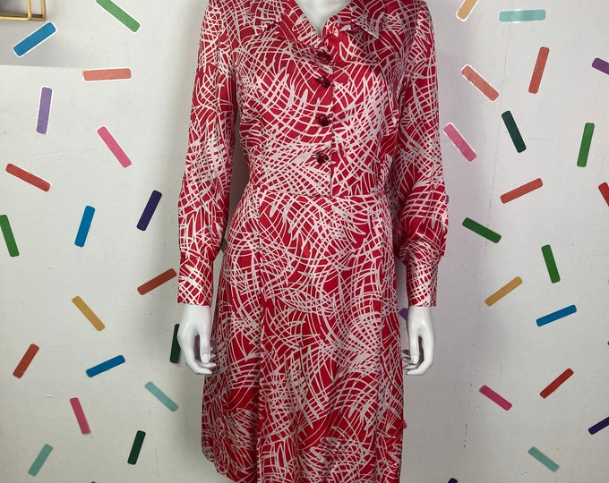 SALE - 1970s abstract design red / white midi dress with tie backs Size 12