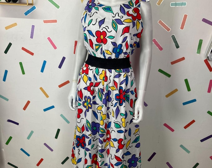 1980s vintage Fenno Sport floral dress white / Multi 100% cotton size 12