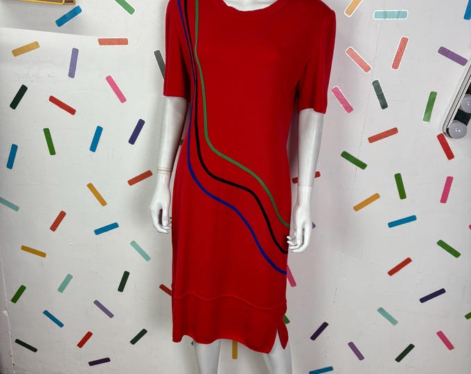 1980s true vintage bright red pipping design midi dress size 14