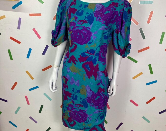 1980s true  vintage floral frill design silk midi dress size 14/16