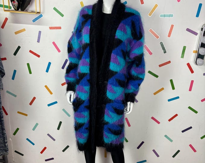 1980s Geometric Block Cardigan / Coatigan – blue long line mohair size 14/16