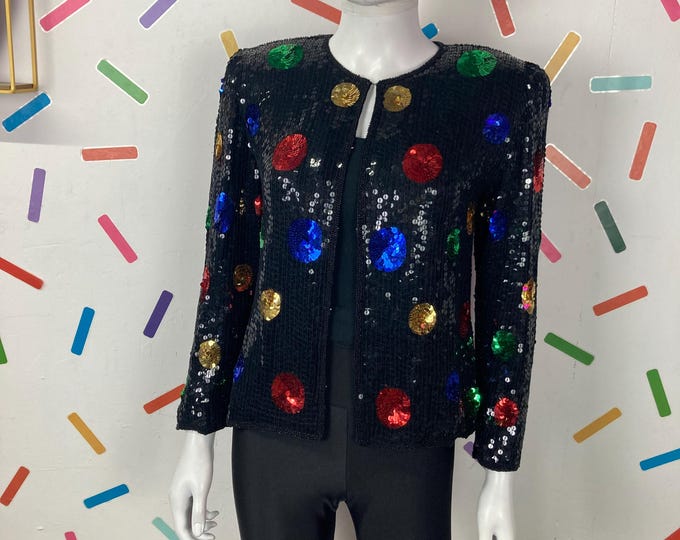 1980s black sequin jacket with red/ green / yellow spots Size 8/10