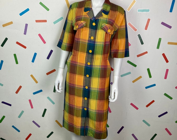 1980s true vintage yellow midi short sleeve shirt dress with button fastening - size 16