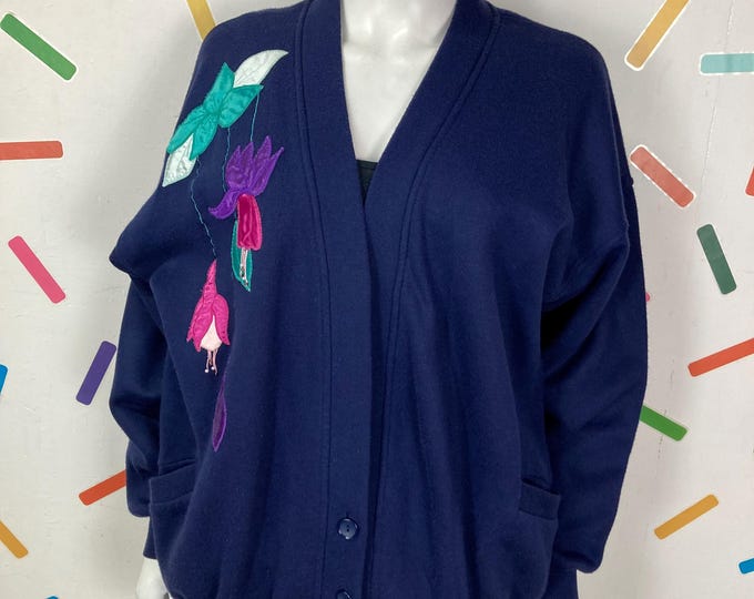 Vintage navy blue fusha applique design sweatshirt cardigan Size 14/16
