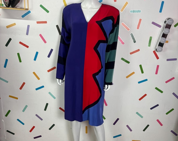 1980s True vintage blue and red geo long sleeve midi dress  - size 12/14