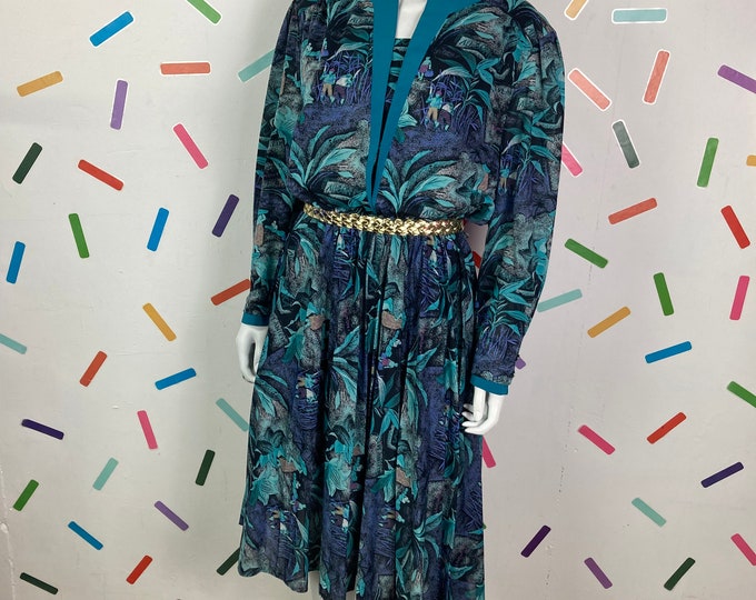 1980s true vintage collar design balloon sleeve midi dress with leaf people design - size 12/14