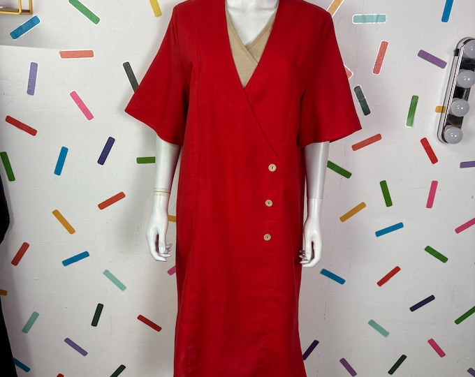 1980s true vintage red short sleeve new wave design dress size 14