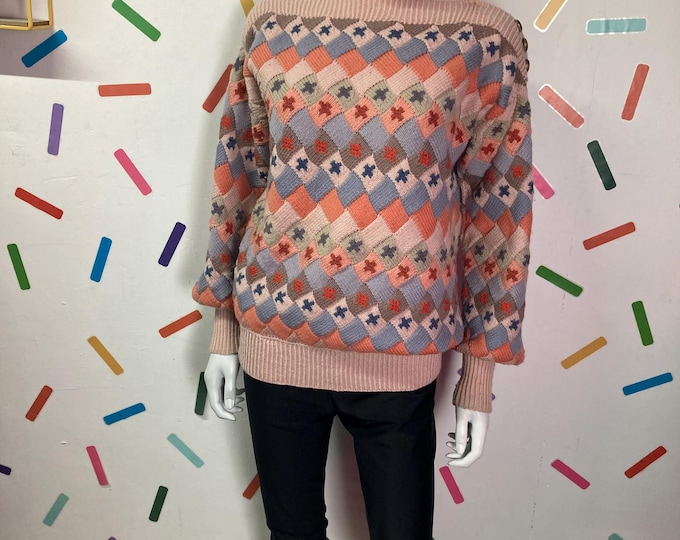 True vintage hand knitted weave design jumper peach /orange - size 12/14