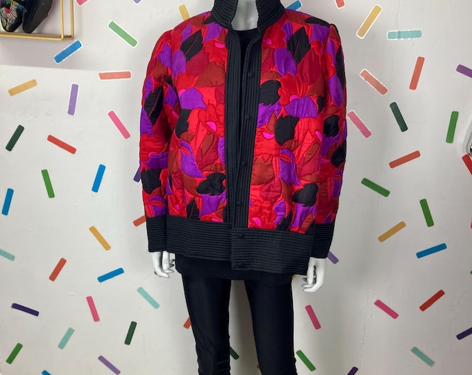 1980s true vintage raw silk floral design jacket with pocket - Size 14/16 jacket