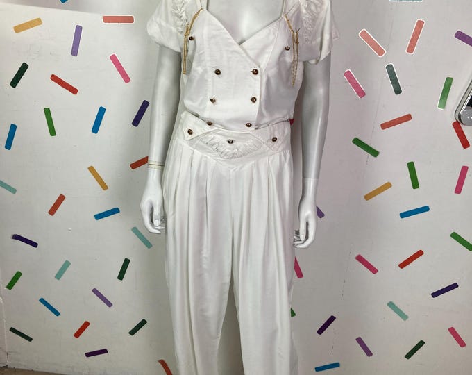 White 80s chain / cut out design true vintage  trouser set size 12/14