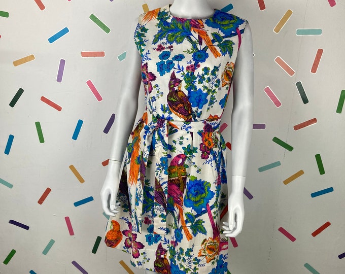 1980s true vintage bird design summer shift dress with belt - size 12
