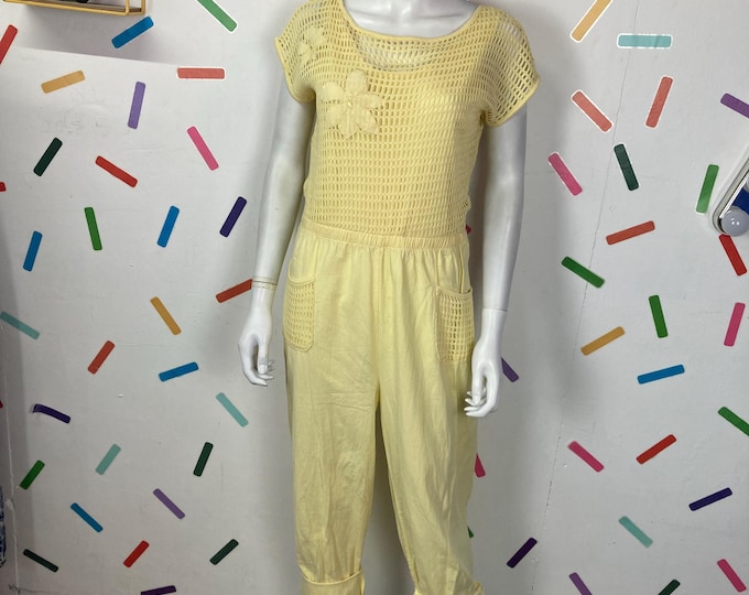 1980s true vintage lemon yellow jumpsuit with pockets. Size 10/12