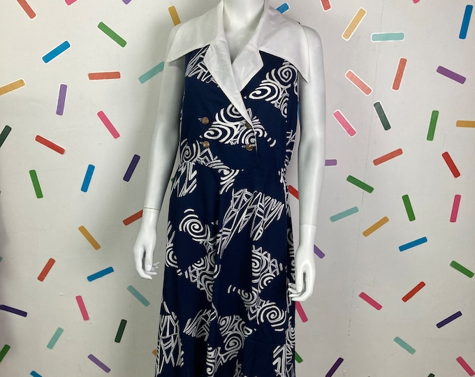 1980s true vintage blue / white abstract geo design collar midi dress size 12/14