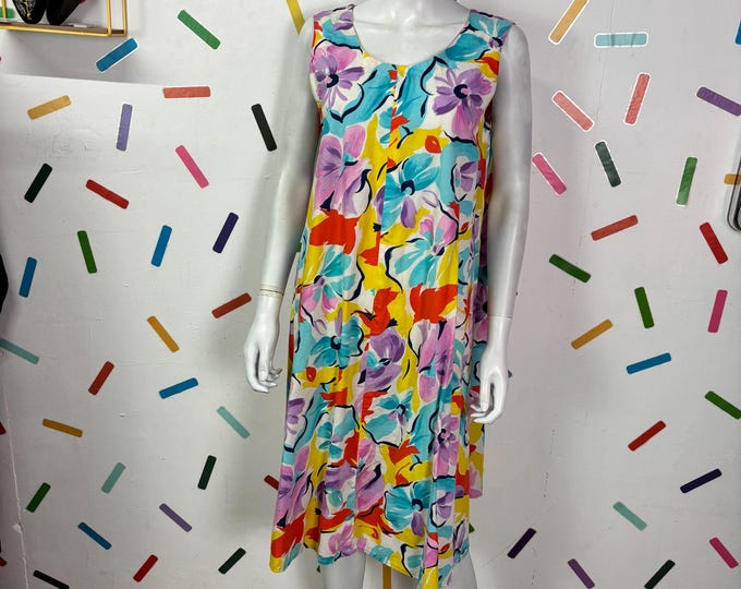 1980s true vintage floral swing midi dress white / pink / yellow size 12/14
