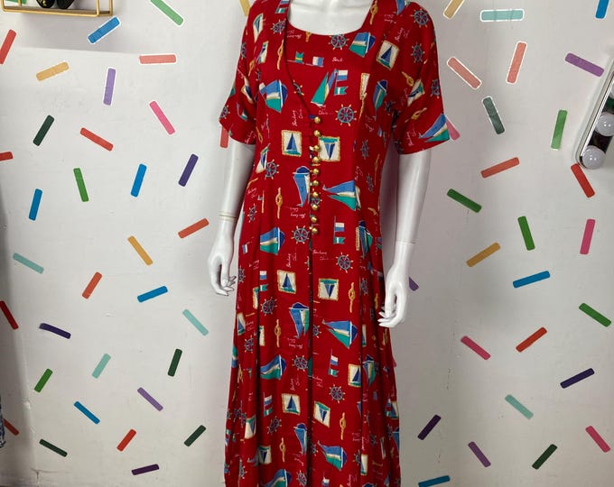 1990s nautical design tie back bright red dress Size 14/16