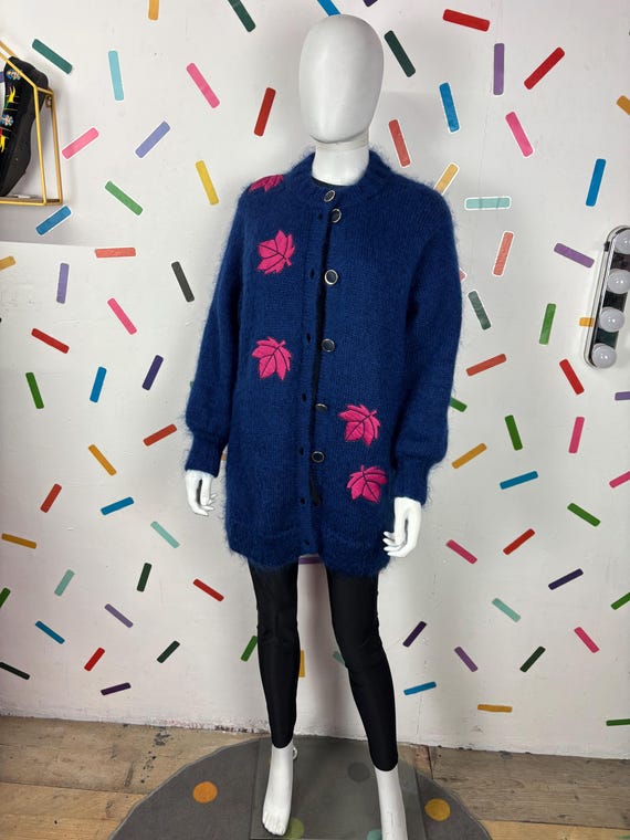 1980s true vintage blue floral mohair cardigan size 16