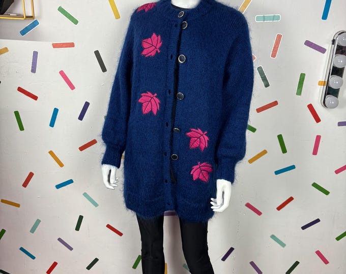 1980s true vintage blue floral mohair cardigan size 16