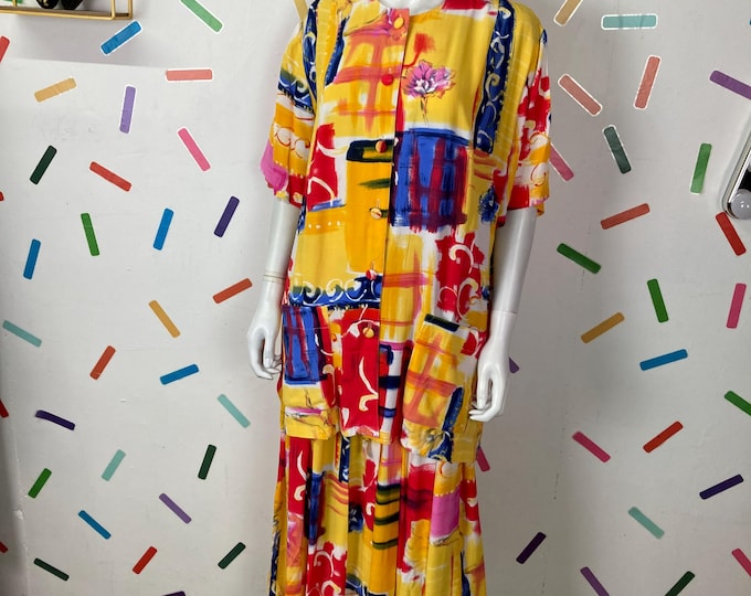 1980s true vintage abstract design 2 piece yellow set top skirt - Size 18/20