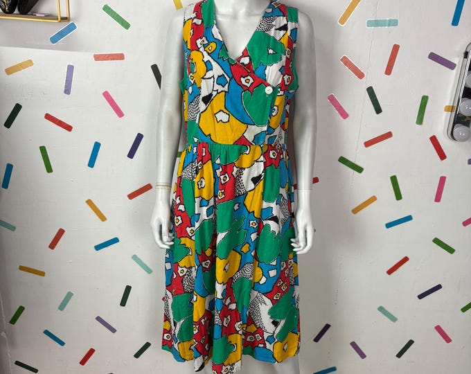 1980s Midi Dress: Vintage abstract geo dress multi colour size 12/14