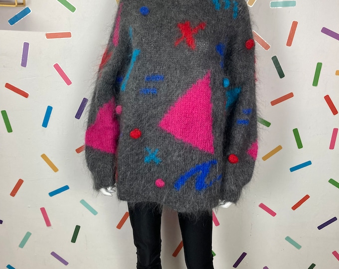 1980s true vintage hand knitted geo design grey oversized jumper Size 16