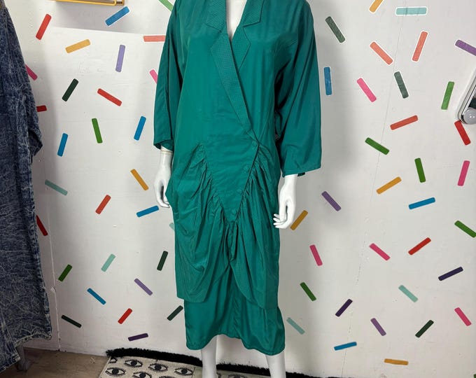 1980s true vintage block colour ruffle design midi dress size 12/14