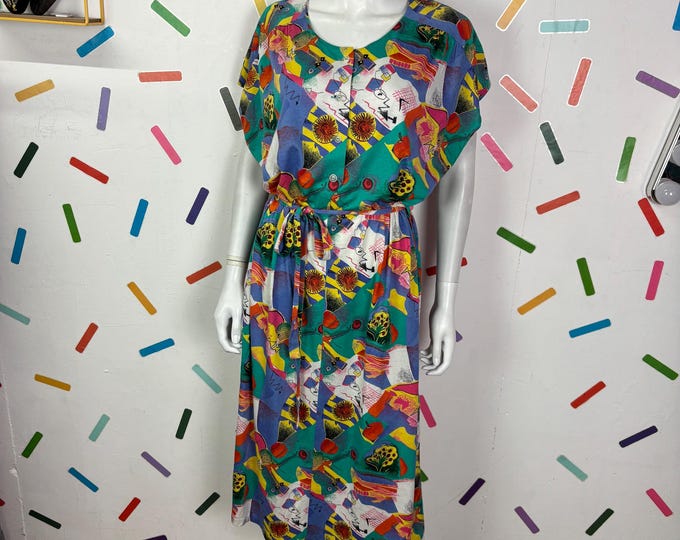 1980s Midi Dress: Vintage abstract geo dress multi colour size 14/16