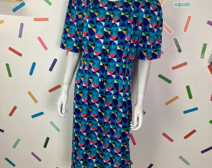 1980s vintage check design fitted button through dress size 16 - silk Blue