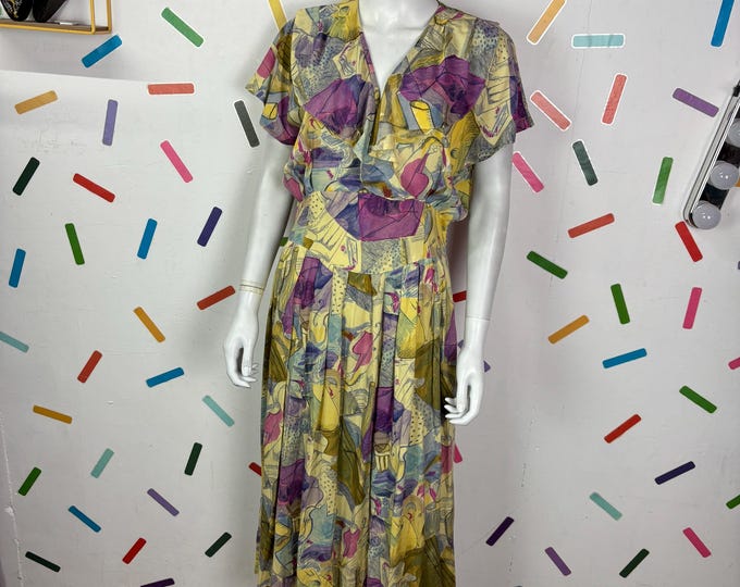 True vintage 1980s does 50s yellow frill design dress with pockets size 14/16