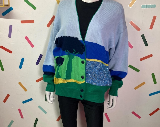 1980s true vintage abstract tree design knitted cardigan Size 12/14