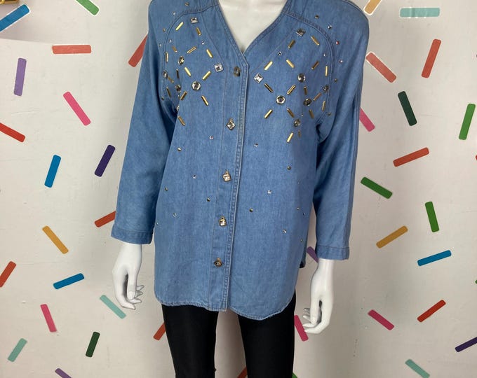 1980s true vintage jewel/ studded design shirt with - size up to 12/14